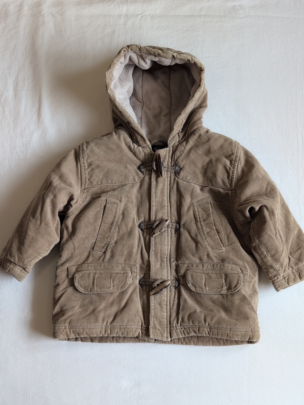 Next UK Tan Corduroy Hooded Toggle Duffle Coat Jacket Size 1.5-2Y Toddler